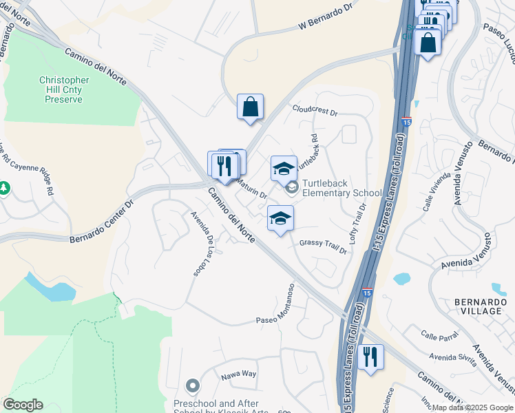 map of restaurants, bars, coffee shops, grocery stores, and more near 15265 Maturin Drive in San Diego