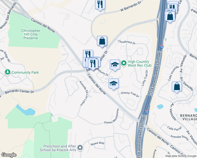 map of restaurants, bars, coffee shops, grocery stores, and more near 15265 Maturin Drive in San Diego