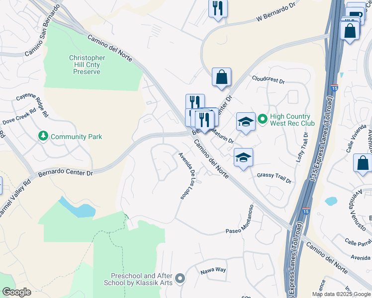 map of restaurants, bars, coffee shops, grocery stores, and more near 11341 Avenida De Los Lobos in San Diego