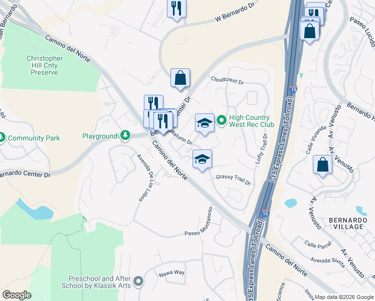 map of restaurants, bars, coffee shops, grocery stores, and more near 15377 Maturin Drive in San Diego