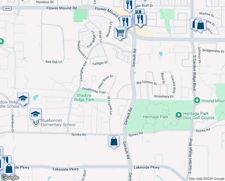 map of restaurants, bars, coffee shops, grocery stores, and more near 1413 Saint Francis Lane in Flower Mound