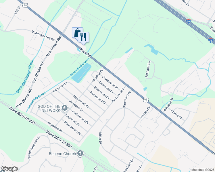 map of restaurants, bars, coffee shops, grocery stores, and more near 4437 Clovewood Street in Ladson