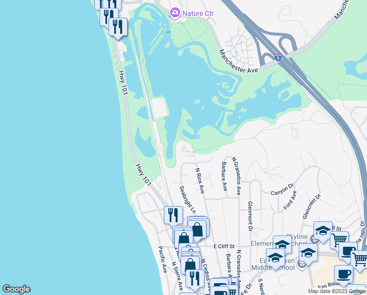 map of restaurants, bars, coffee shops, grocery stores, and more near 150 Solana Point Circle in Solana Beach