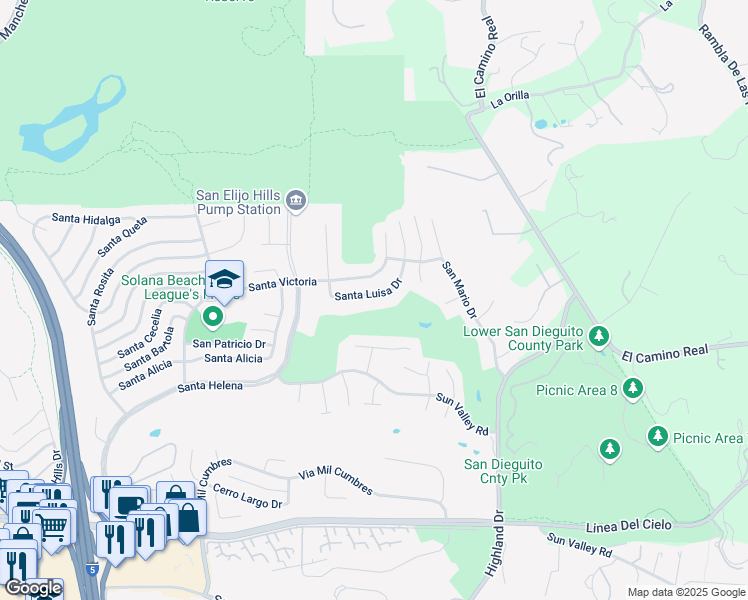 map of restaurants, bars, coffee shops, grocery stores, and more near 1277 Santa Luisa Drive in Solana Beach
