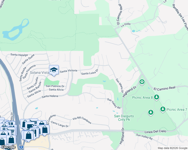 map of restaurants, bars, coffee shops, grocery stores, and more near 1309 Santa Luisa Drive in Solana Beach