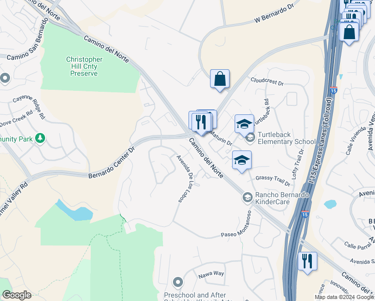 map of restaurants, bars, coffee shops, grocery stores, and more near 11341 Avenida De Los Lobos in San Diego