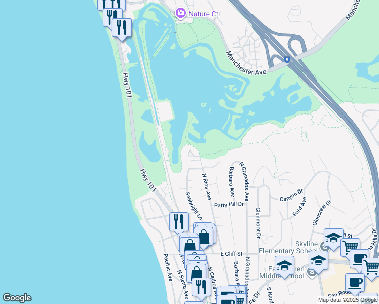map of restaurants, bars, coffee shops, grocery stores, and more near 150 Solana Point Circle in Solana Beach