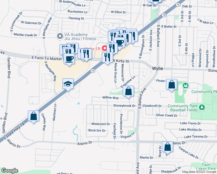 map of restaurants, bars, coffee shops, grocery stores, and more near 1006 Mardi Gras Lane in Wylie