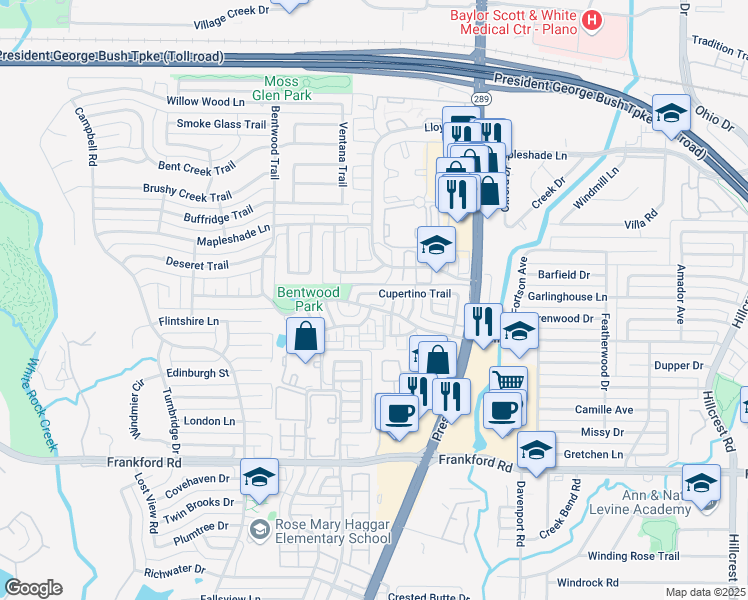 map of restaurants, bars, coffee shops, grocery stores, and more near 6147 Cupertino Trail in Dallas
