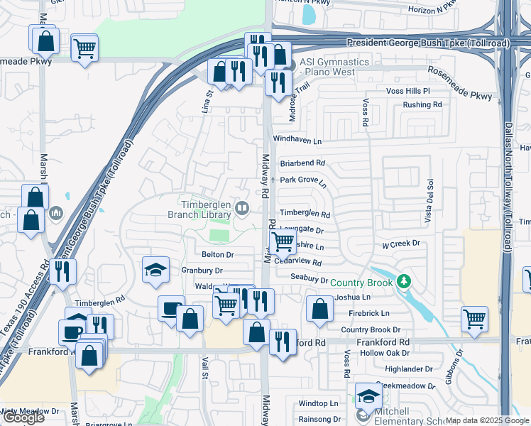 map of restaurants, bars, coffee shops, grocery stores, and more near 18655 Midway Road in Dallas