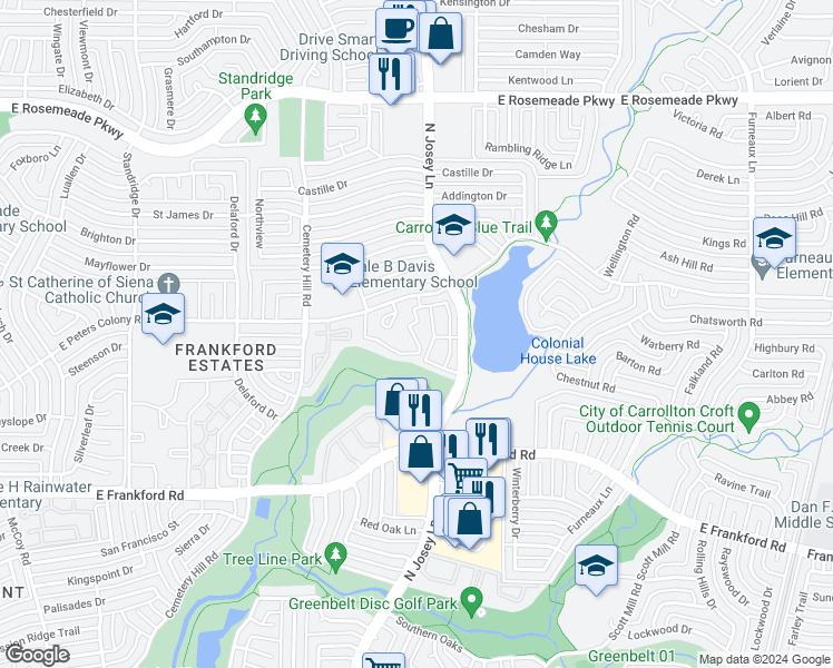 map of restaurants, bars, coffee shops, grocery stores, and more near 1834 East Peters Colony Road in Carrollton