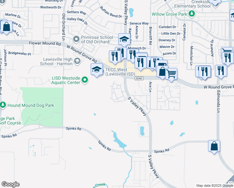 map of restaurants, bars, coffee shops, grocery stores, and more near 2436 South Valley Parkway in Lewisville
