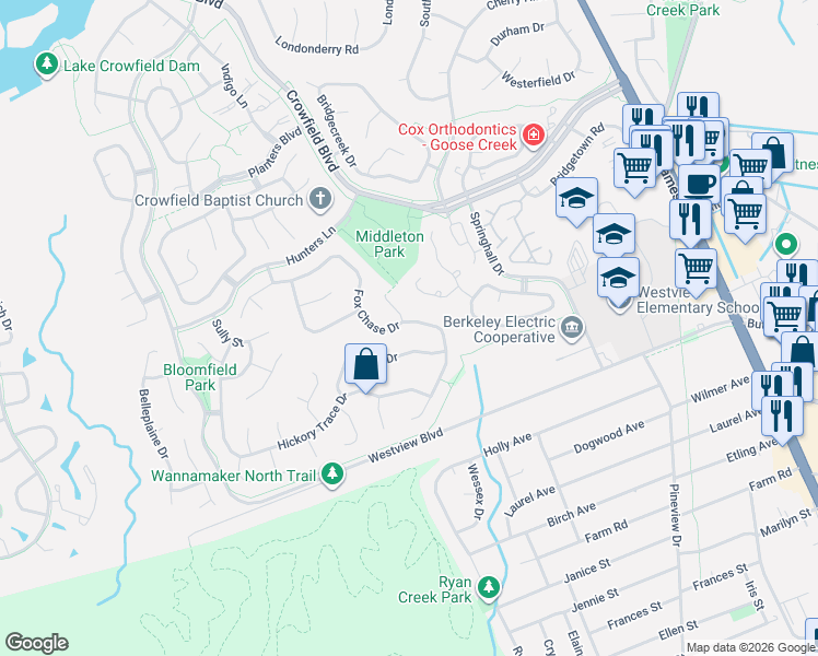 map of restaurants, bars, coffee shops, grocery stores, and more near 144 Fox Chase Drive in Goose Creek