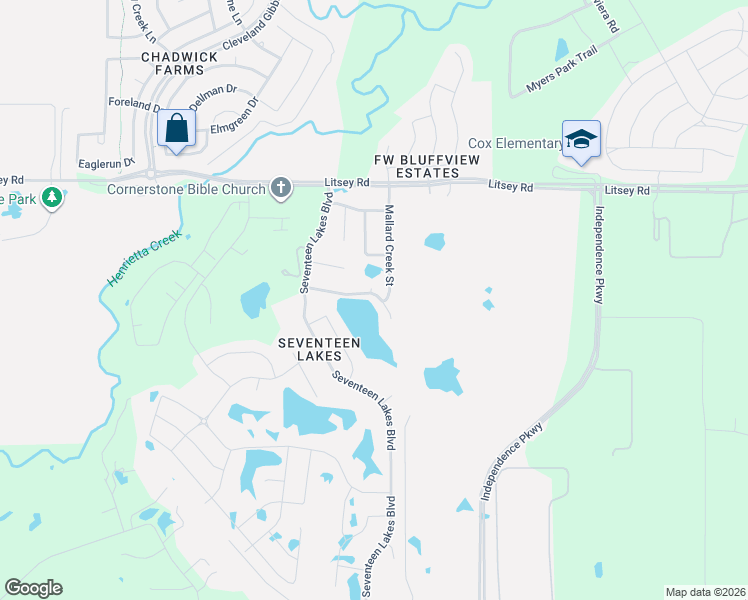 map of restaurants, bars, coffee shops, grocery stores, and more near 15221 Mallard Creek Street in Roanoke