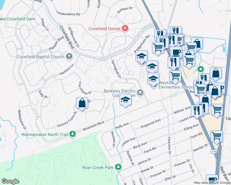 map of restaurants, bars, coffee shops, grocery stores, and more near 137 Alston Circle in Goose Creek