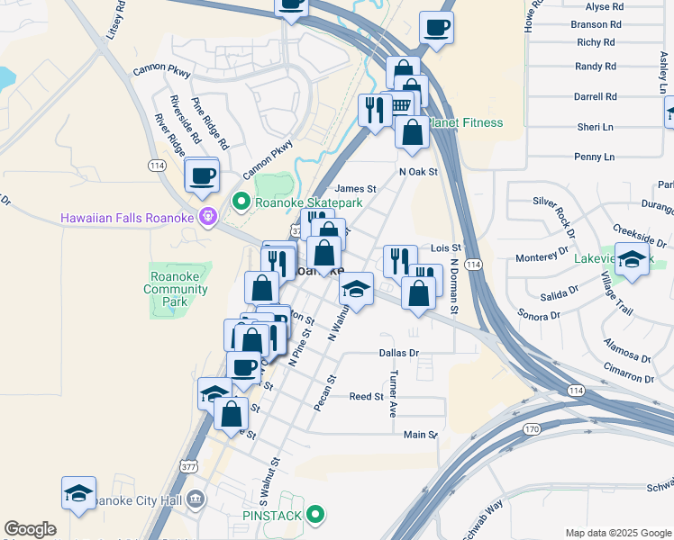 map of restaurants, bars, coffee shops, grocery stores, and more near in Roanoke