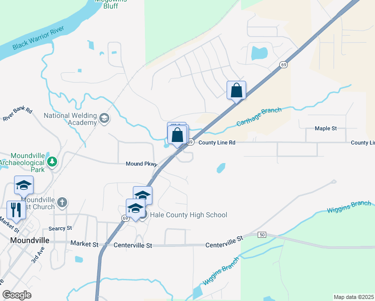 map of restaurants, bars, coffee shops, grocery stores, and more near 2 Park Terrace in Moundville