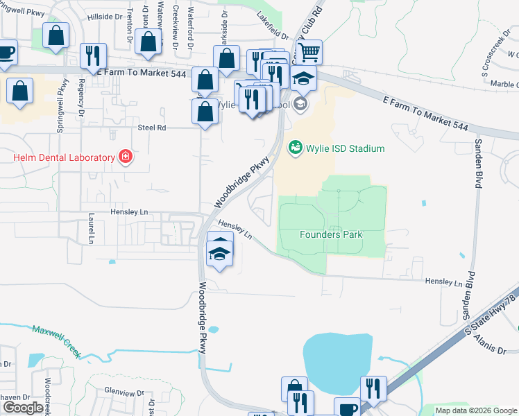 map of restaurants, bars, coffee shops, grocery stores, and more near 600 Woodbridge Parkway in Wylie