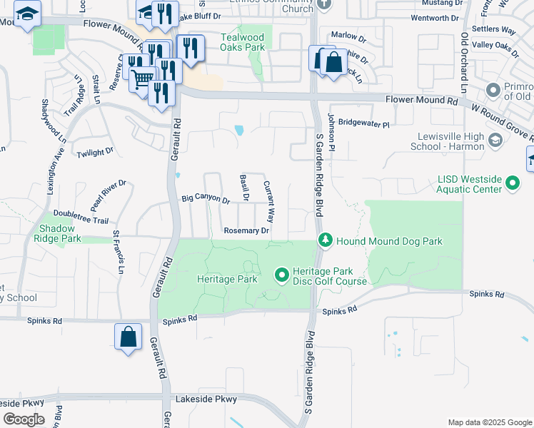 map of restaurants, bars, coffee shops, grocery stores, and more near 1315 Currant Way in Flower Mound
