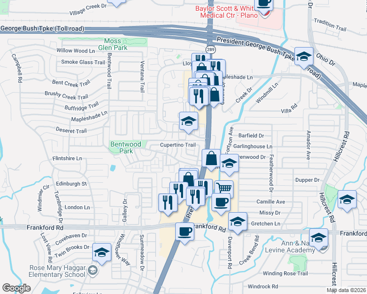 map of restaurants, bars, coffee shops, grocery stores, and more near 6211 Cupertino Trail in Dallas