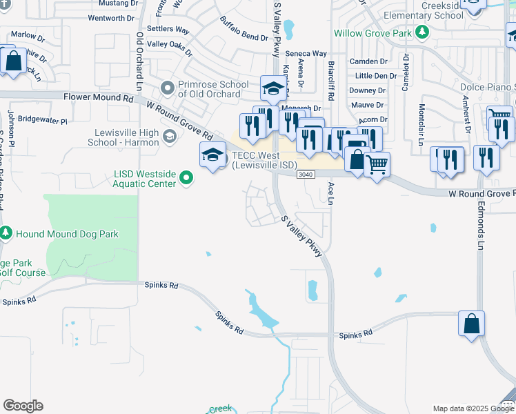 map of restaurants, bars, coffee shops, grocery stores, and more near 2436 South Valley Parkway in Lewisville
