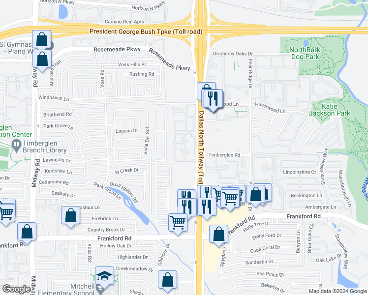 map of restaurants, bars, coffee shops, grocery stores, and more near 18725 Dallas Parkway in Dallas