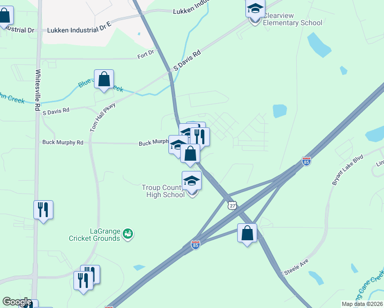 map of restaurants, bars, coffee shops, grocery stores, and more near 1901 Hamilton Road in LaGrange