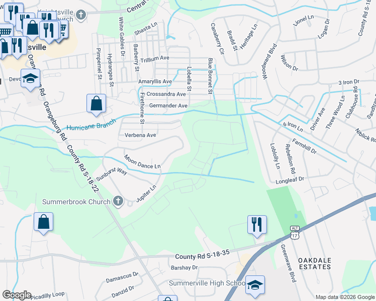 map of restaurants, bars, coffee shops, grocery stores, and more near 193 Moon Dance Lane in Summerville