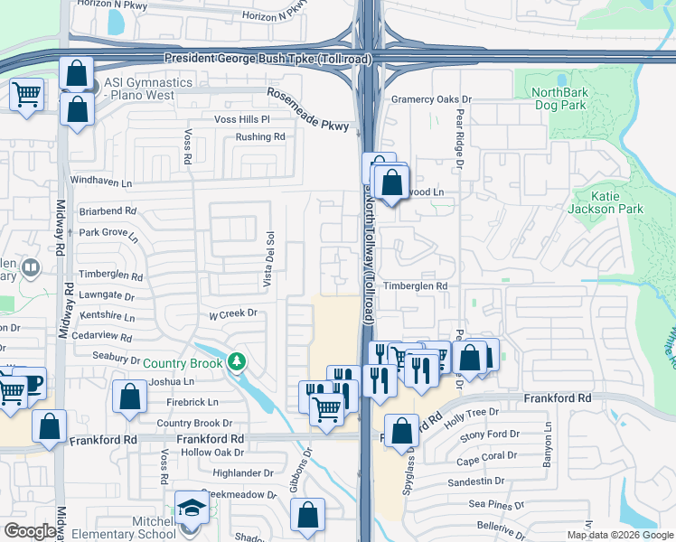 map of restaurants, bars, coffee shops, grocery stores, and more near 18725 Dallas Parkway in Dallas