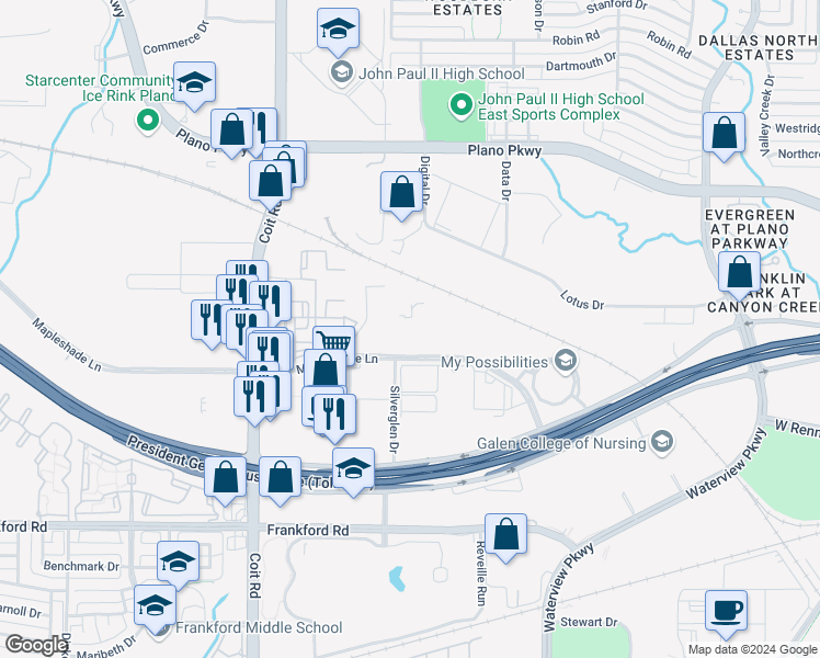 map of restaurants, bars, coffee shops, grocery stores, and more near 3697 Mapleshade Lane in Plano