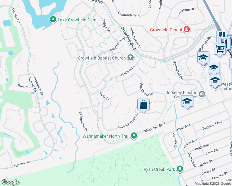 map of restaurants, bars, coffee shops, grocery stores, and more near 109 Queens Court in Goose Creek