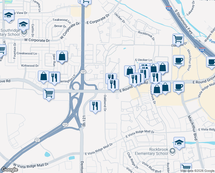 map of restaurants, bars, coffee shops, grocery stores, and more near in Lewisville
