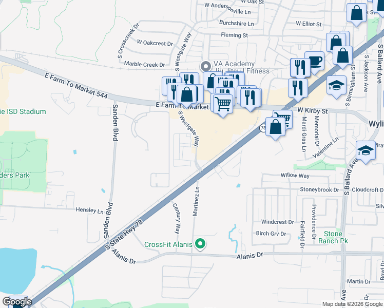 map of restaurants, bars, coffee shops, grocery stores, and more near 960 South Westgate Way in Wylie