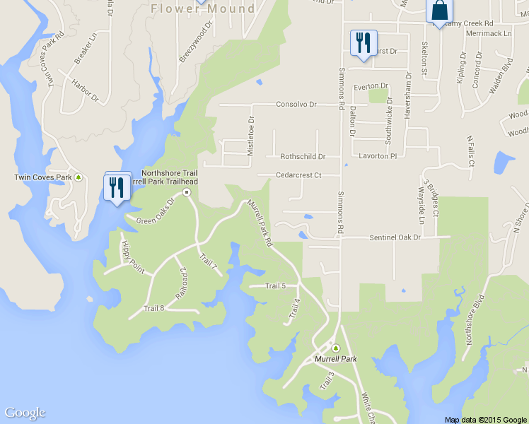 map of restaurants, bars, coffee shops, grocery stores, and more near Northshore Trail in Flower Mound