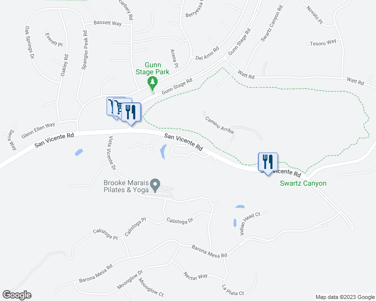 map of restaurants, bars, coffee shops, grocery stores, and more near 15844 Green Haven Court in Ramona