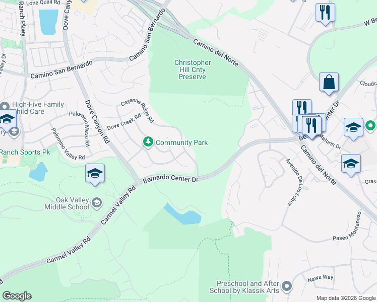 map of restaurants, bars, coffee shops, grocery stores, and more near 16013 Cayenne Ridge Road in San Diego