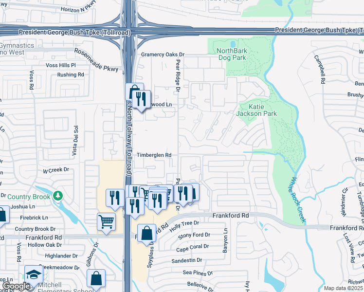 map of restaurants, bars, coffee shops, grocery stores, and more near 4750 Pear Ridge Drive in Dallas