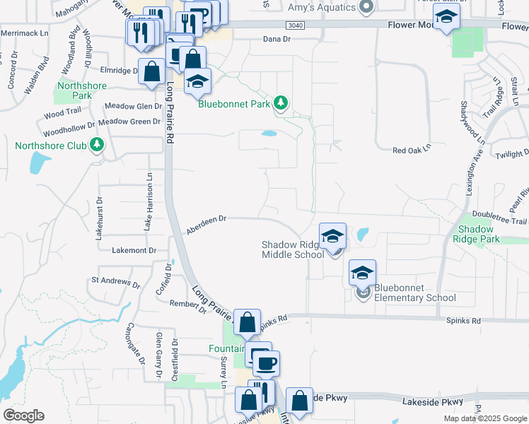 map of restaurants, bars, coffee shops, grocery stores, and more near 1401 Hilliard Drive in Flower Mound