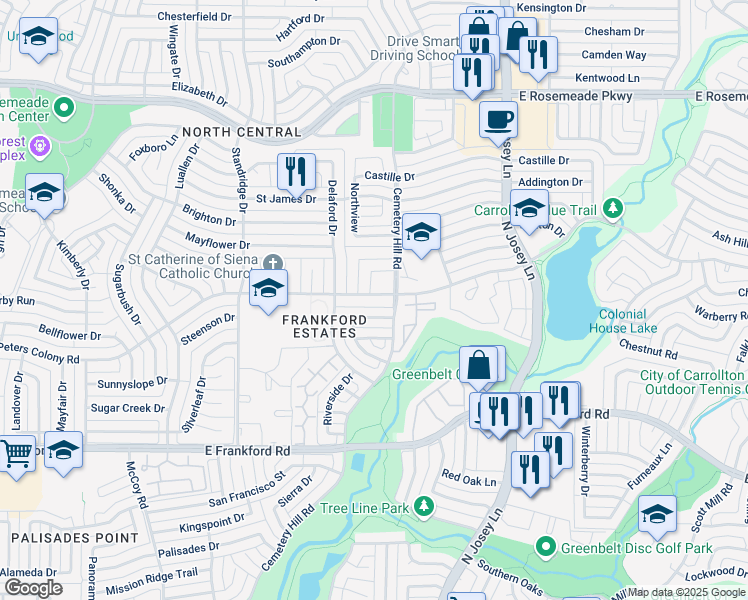map of restaurants, bars, coffee shops, grocery stores, and more near 1734 East Peters Colony Road in Carrollton