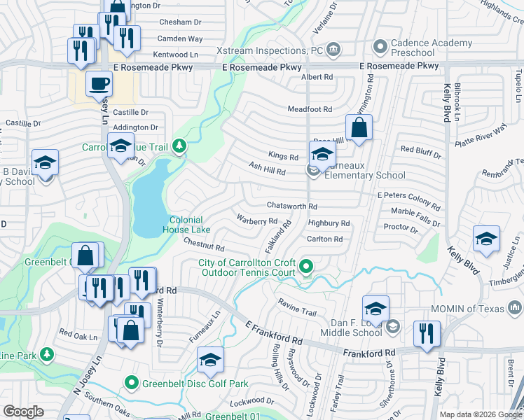 map of restaurants, bars, coffee shops, grocery stores, and more near 2015 Chatsworth Road in Carrollton