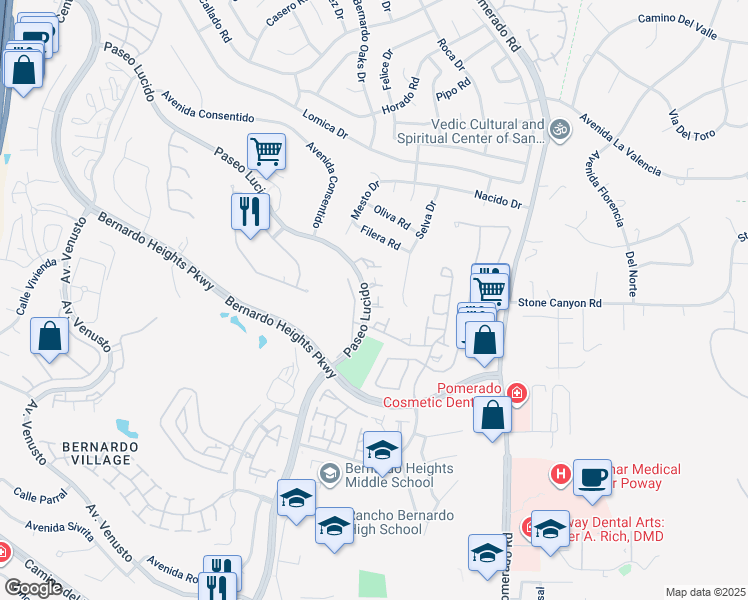 map of restaurants, bars, coffee shops, grocery stores, and more near 12532 Paseo Lucido in San Diego