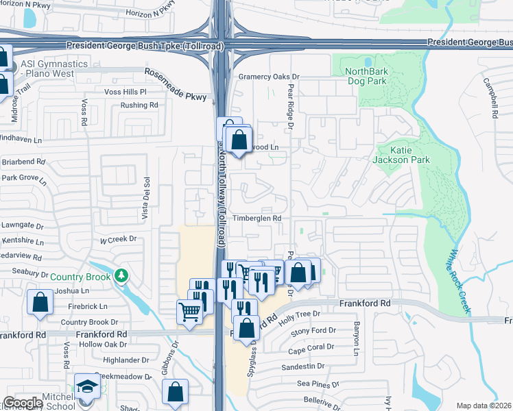 map of restaurants, bars, coffee shops, grocery stores, and more near 4607 Timberglen Road in Dallas