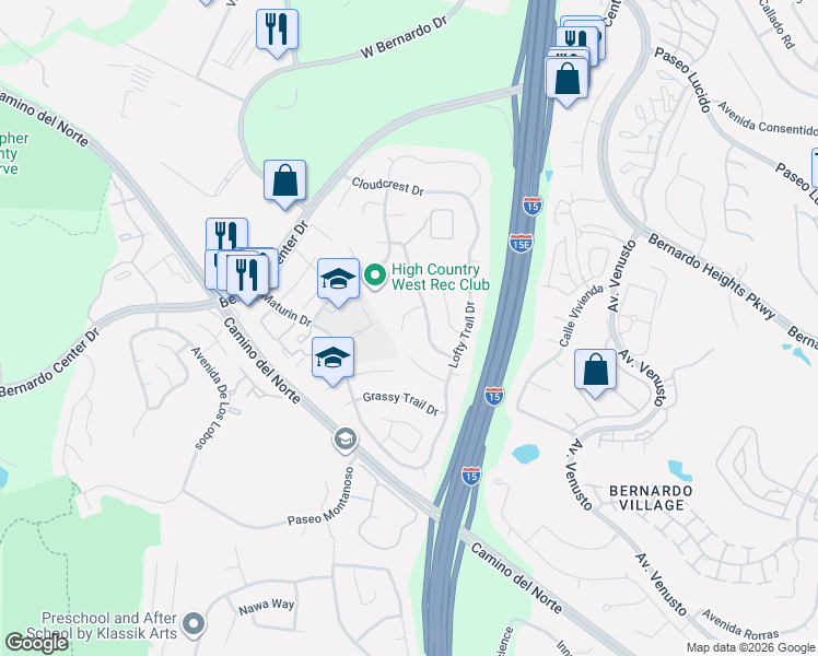 map of restaurants, bars, coffee shops, grocery stores, and more near 11326 Meadow Flower Place in San Diego