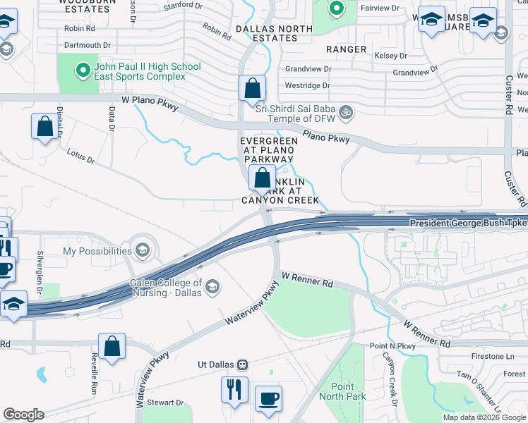 map of restaurants, bars, coffee shops, grocery stores, and more near 7077 Waterview Parkway in Plano
