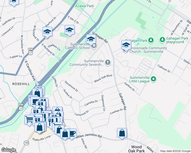 map of restaurants, bars, coffee shops, grocery stores, and more near 303 Factors Walk in Summerville