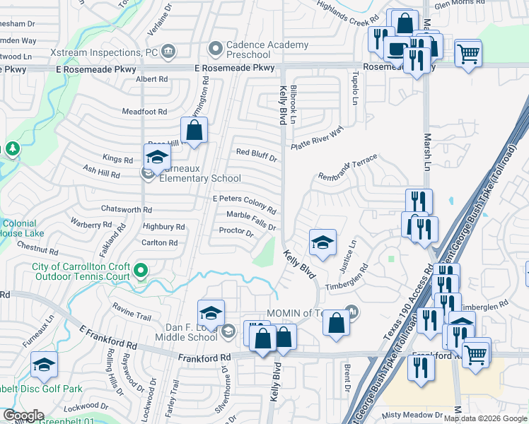 map of restaurants, bars, coffee shops, grocery stores, and more near 2224 East Peters Colony Road in Carrollton