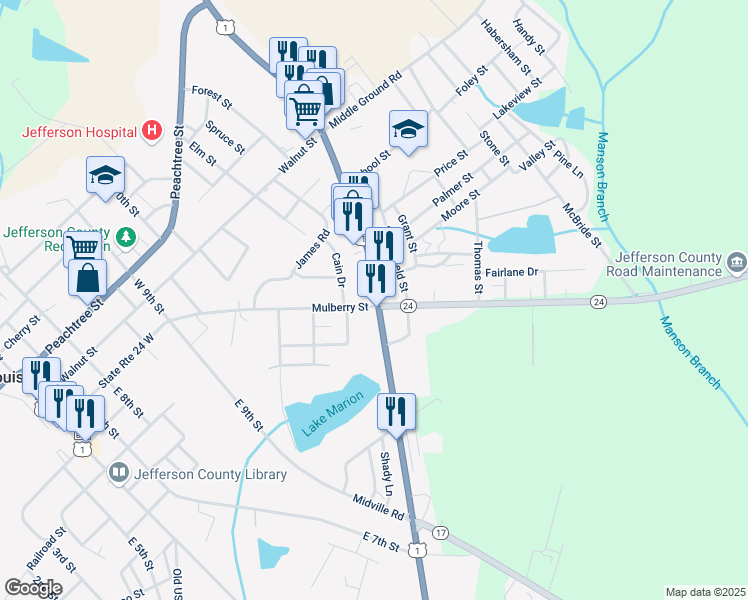 map of restaurants, bars, coffee shops, grocery stores, and more near in Louisville