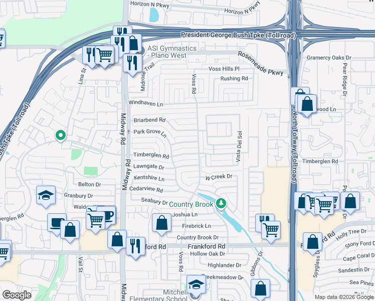 map of restaurants, bars, coffee shops, grocery stores, and more near 4232 Peppermill Lane in Dallas