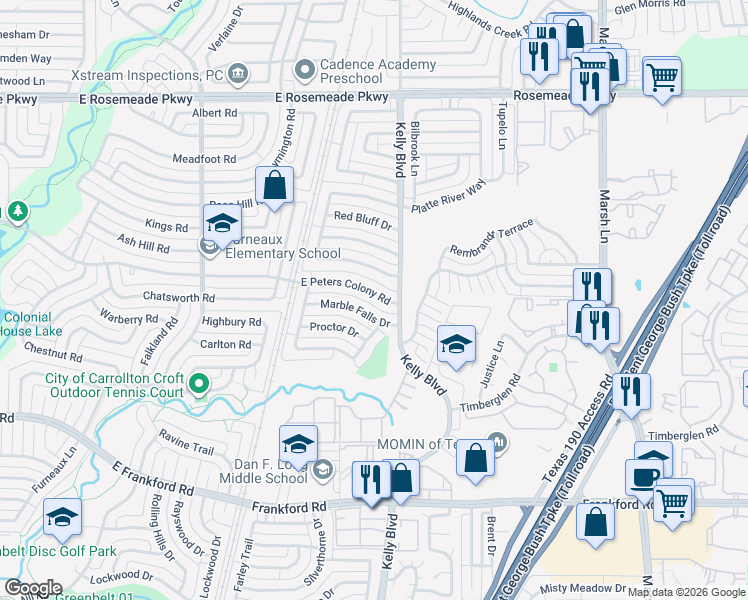 map of restaurants, bars, coffee shops, grocery stores, and more near 2224 East Peters Colony Road in Carrollton