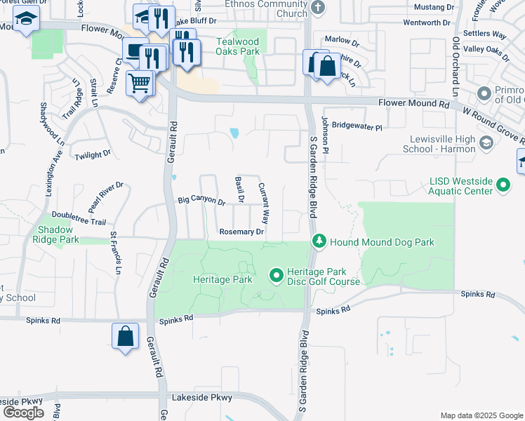map of restaurants, bars, coffee shops, grocery stores, and more near 1315 Currant Way in Flower Mound